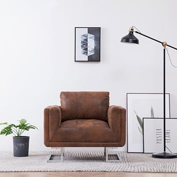 Industrial Cube Armchair Brown Faux Suede with Chrome Legs Ergonomic Design Compact Versatile for Living Room Bedroom Reading Nook