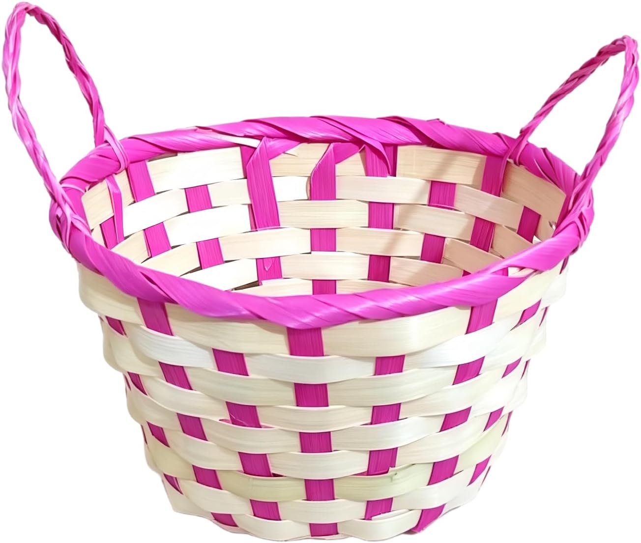 Handmade Pink & Natural Bamboo Basket with Double Handles – Decorative Woven Basket for Gifts, Party Display, and Home Storage