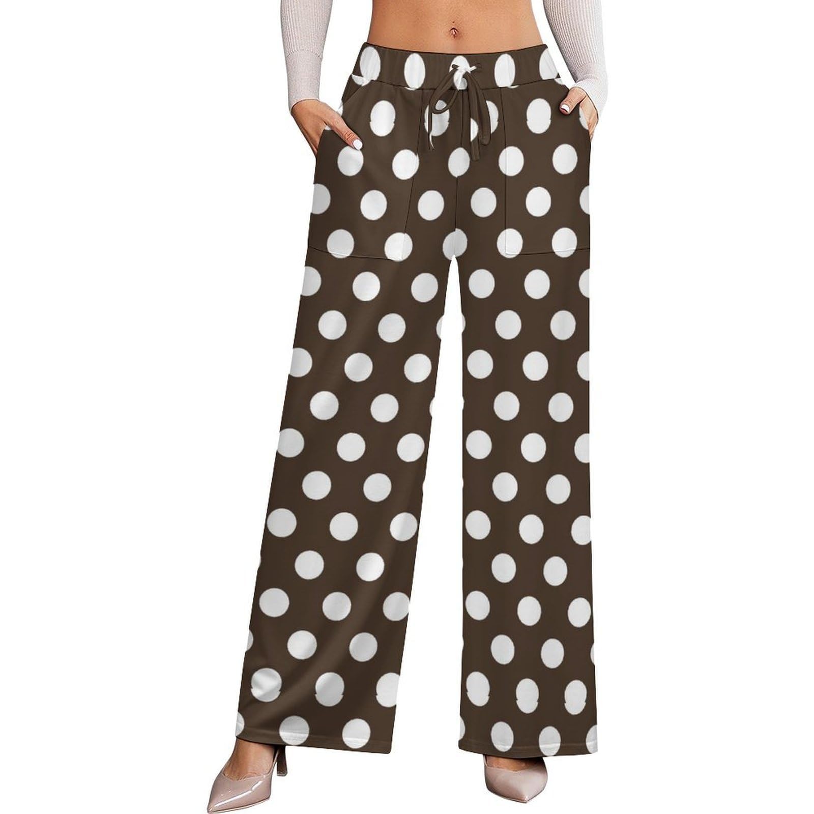 Dark Brown Polka Dot Print a Palazzo Pants for Women Flowy Wide Leg Pants for Women Casual Travel