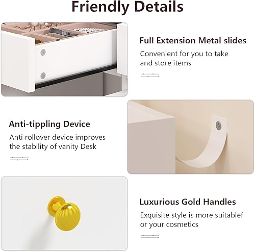 Miniatura 6 de Escritorio de tocador con espejo y luces, mesa de tocador de maquillaje blanca con estación de carga, escritorio grande con 6 cajones y 2 gabinetes