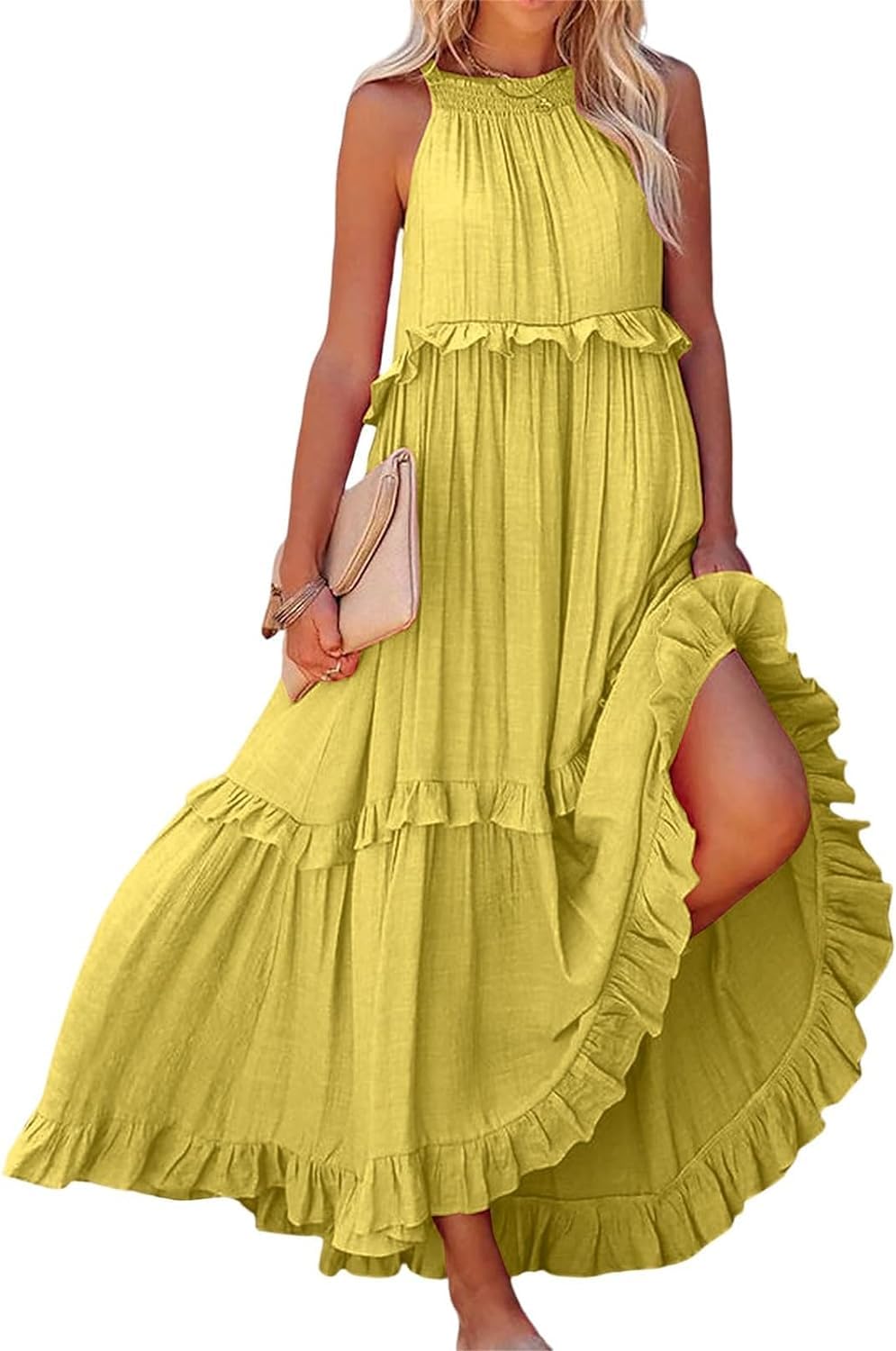 Thicc Women's Yellow Flowy Ruffle Tiered Maxi Dress - Summer Boho Sleeveless Halter Tie Back Loose Fit Beach Long Swing Dresses Smocked Sundress For Cocktail Formal Wedding Guest (Xl,)