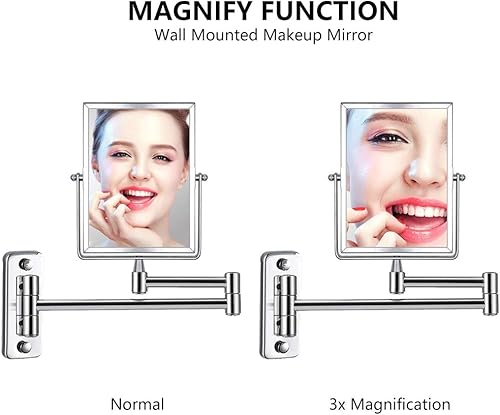 Miniatura 3 de QiMH Espejo de maquillaje de pared con aumento 3X | Rectangular 8 x 6 pulgadas con brazo extensible | Espejo giratorio de doble cara con acabado