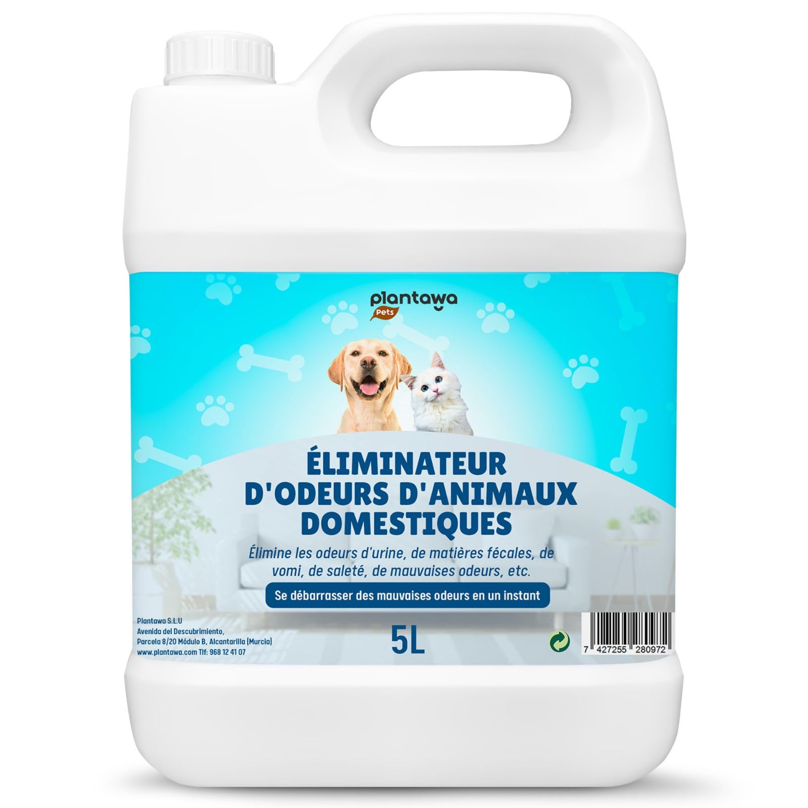 PLANTAWA Éliminateur instantané d'odeurs d'animaux domestiques 5l. Neutraliseur Enzymatique Odeurs Urine Fèces Vomissements. Intérieur et extérieur, Patio Jardin. Anti Odeur Urine Chiens Chats.