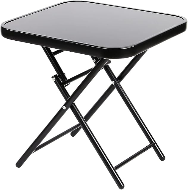 Taylor & Brown 50cm Folding Drinks Side Table, Foldable Coffee Table, Outdoor Garden Table, Small Square Patio Table - Black with Tempered Glass Top - 50x50x52cm