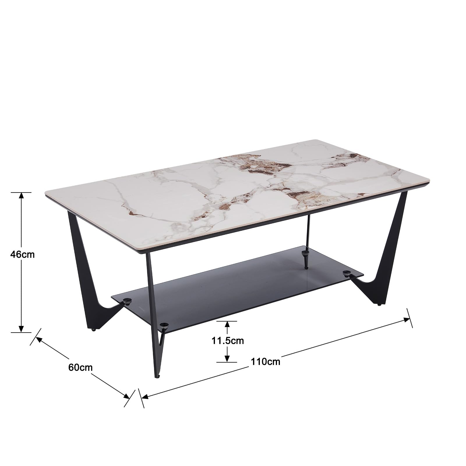 chairus Mesa de Salón Moderna Mesa de Centro Rectangular,Tablero con Estantes Almacenaje Mesita de Mármol para Hogar/Oficina,Blanco