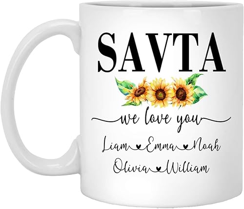 Taza de café para el día de la madre, diseño de girasol, regalo Savta, regalo de cumpleaños para mujer, regalo personalizado, regalo para mamá,