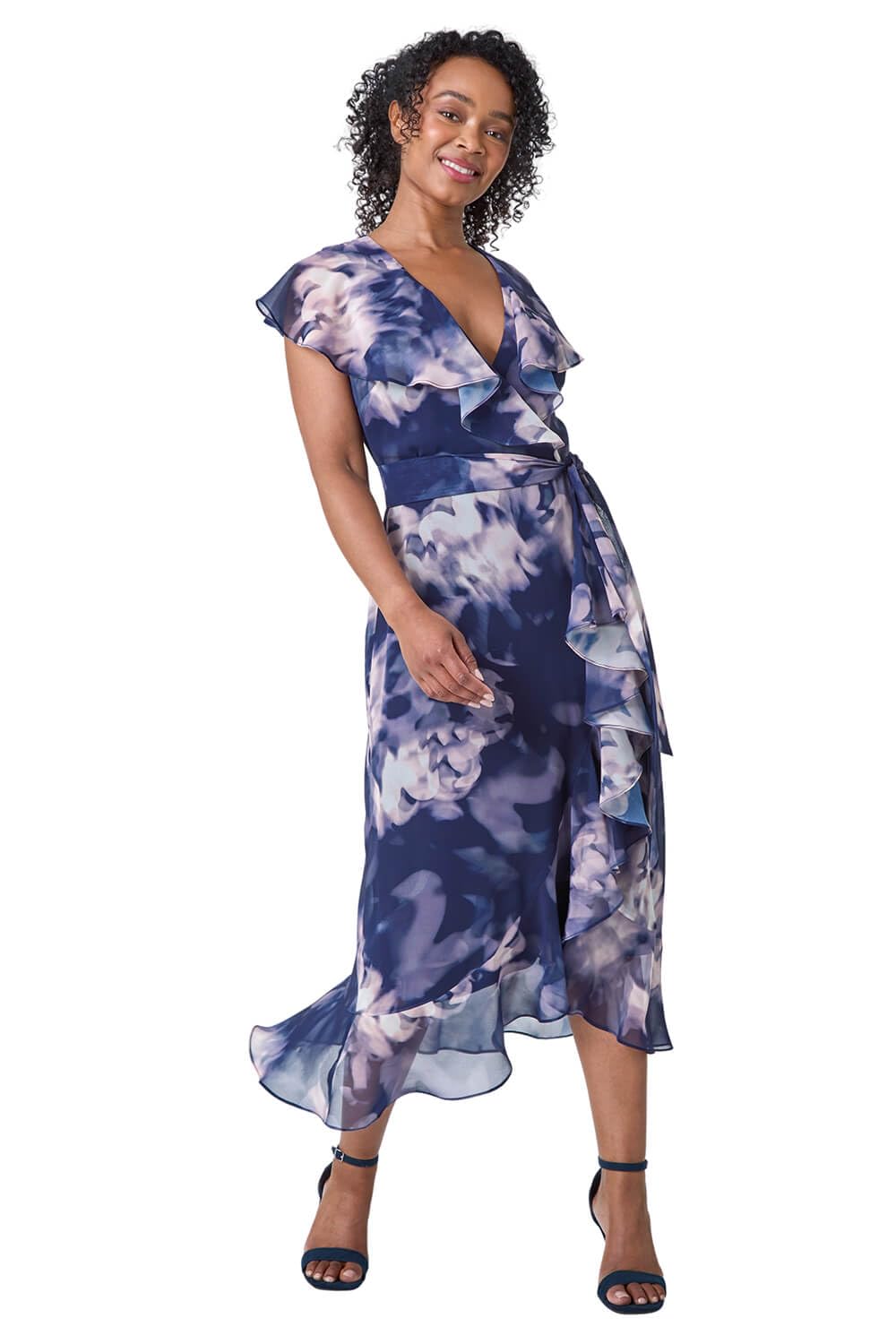 Roman Women's Navy Petite Floral Print Frill Midi Dress In | : Size 16