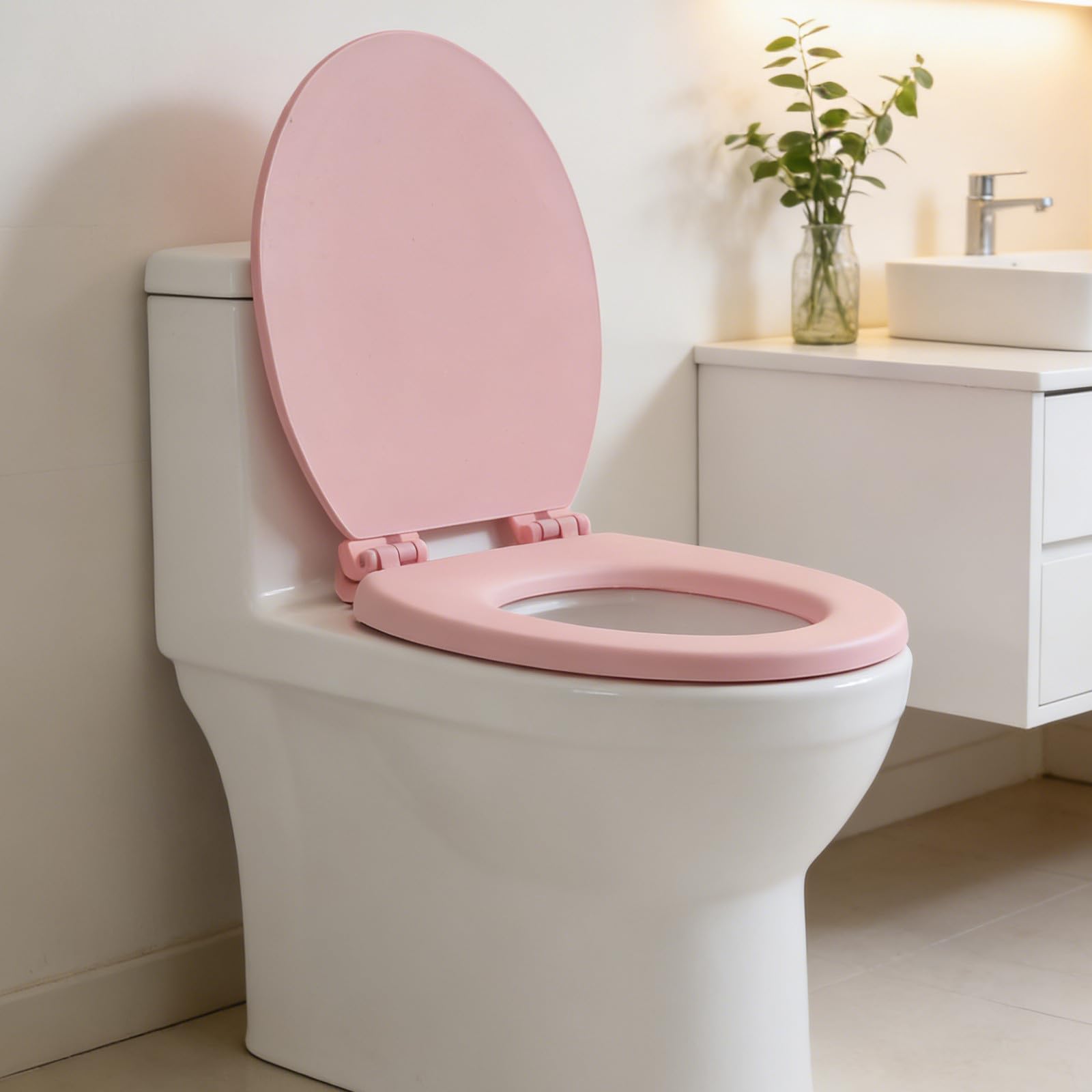 SEWACC Asiento de Inodoro en Forma Cojín Acolchado de Espuma Rosa y Cierre Lento, Adecuado para Reemplazo en Baños de Hogar y Hotel, Accesorios para Baño Silenciosos