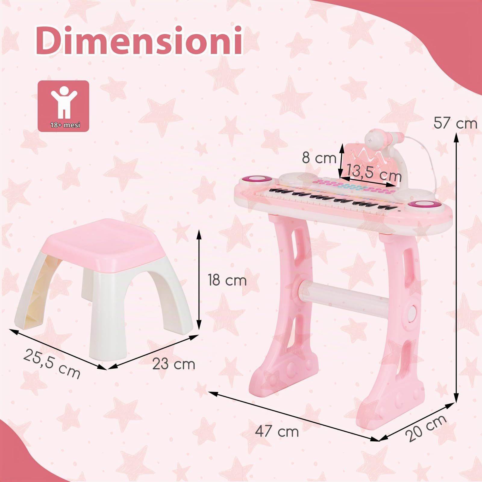 COSTWAY Set Pianoforte Digitale 37 Tasti per Bambini, Tastiera Elettronica con Microfono Sgabello, 8 Ritmi e 8 Strumenti, Funzioni di Record e Playback, Pianoforte Giocattolo per Ragazzi 3+Anni (Rosa)