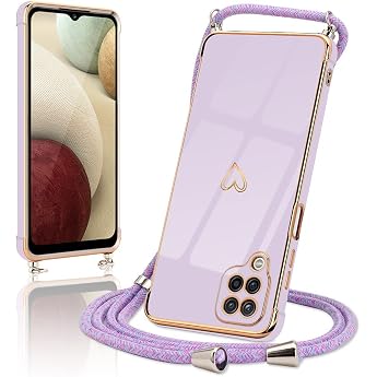 Micoden Mobile Phone Chain Compatible with Samsung Galaxy A12 / M12 Case Ultra Thin Camera Protection Heart Love Design Electroplating TPU Silicone Bumper Cord for Hanging Mobile Phone Case with Strap Protective Case Purple