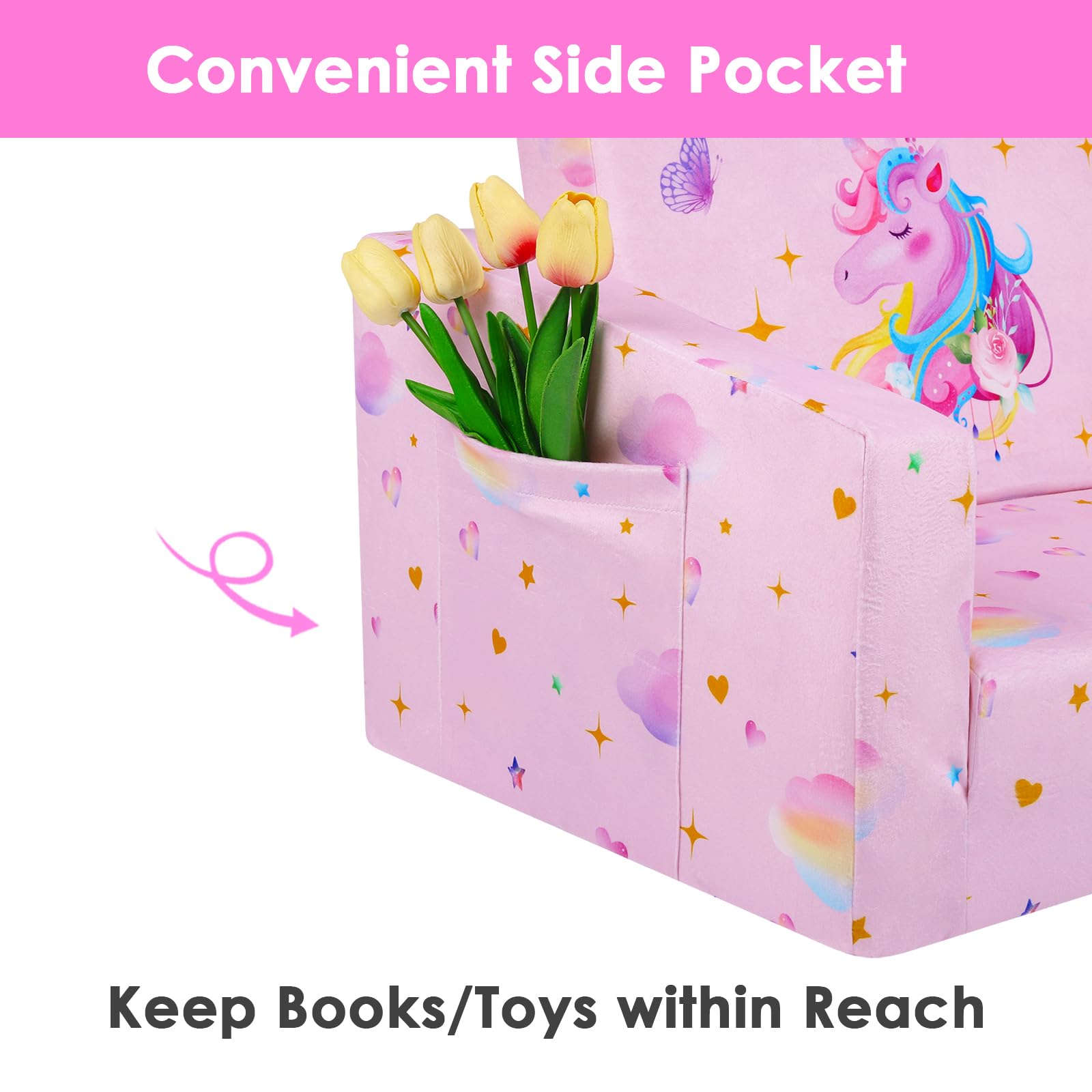decalsweet Kindersofa Ausziehbar Klappsofa 2 in 1 Extra Große, Kindercouch mit Stofftasche und rutschfeste Matte für Mädchen Jungen, Kindersessel Spielsofa Wohnzimmer Kinderzimmer, Regenbogen Einhorn
