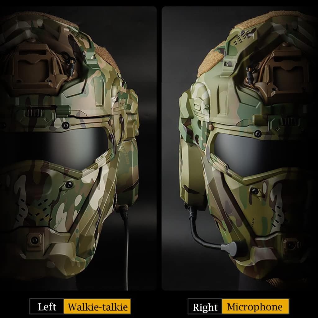 Multicam Airsoft Paintball Tactical Helmet with Full Face Protective Mask Built-in HD Headset and Anti-Fog Fan Adjustable Outdoor Military Gear