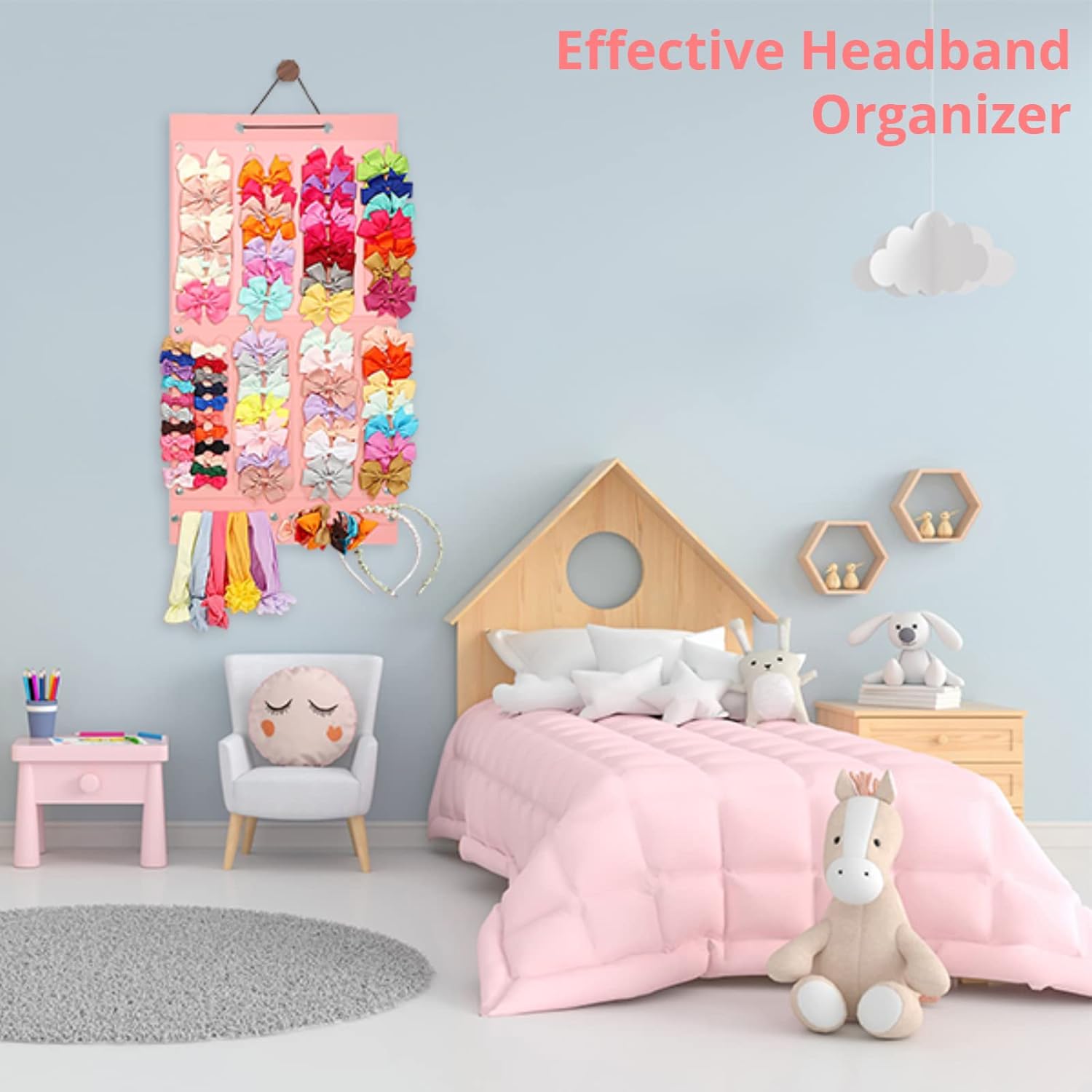 Pink Bow Holder for Girls Hair Bows, Wall Hanging Felt Bow Organizer Decor for Girls Hair Ties Headband Hair Bows Barrettes Storage Bow Organizer-25.74 × 13.65”