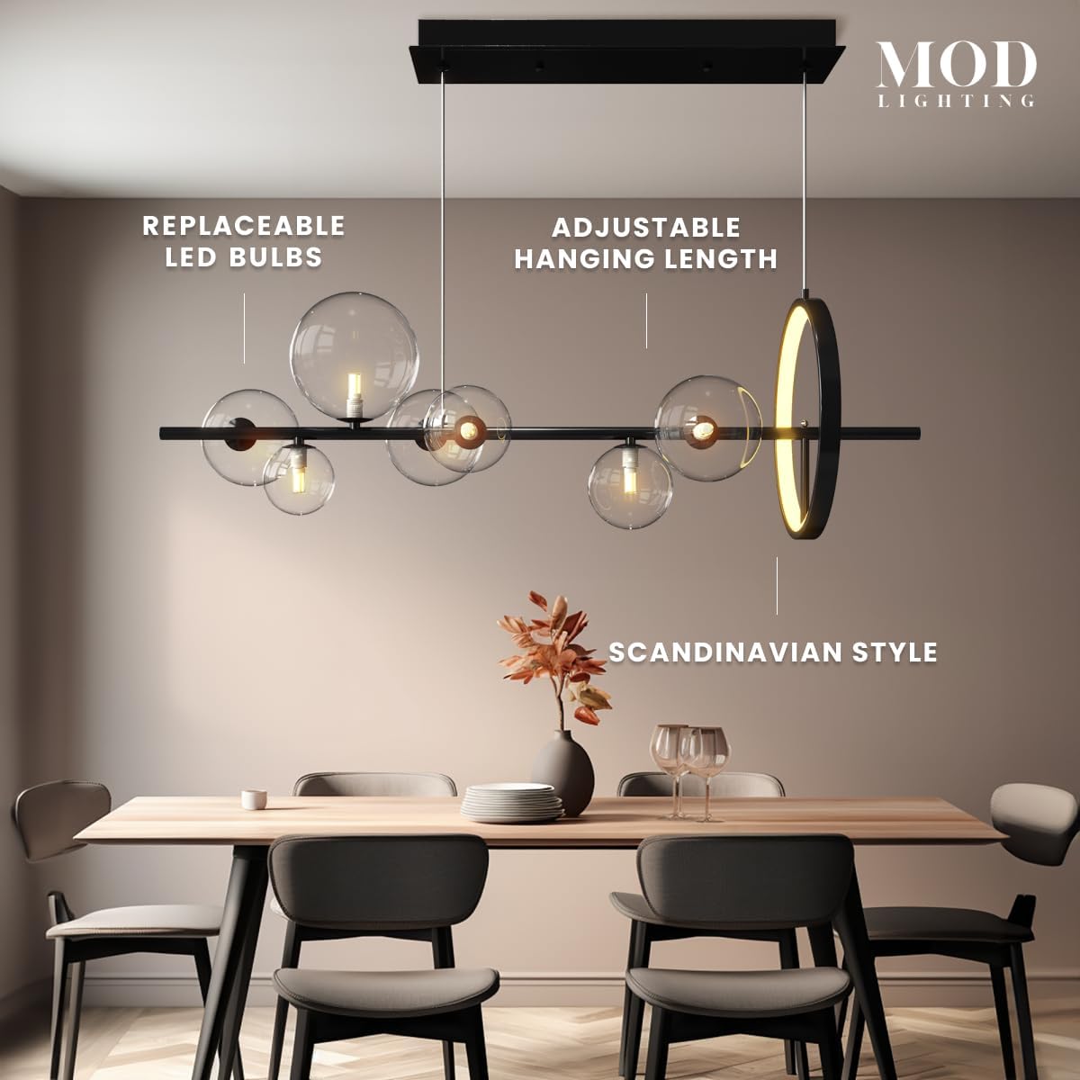 MOD LIGHTING Bailey | Modern Bubble Chandelier, Nordic Linear Chandeliers for Dining Room, Kitchen Island Light Fixture, Sputnik Chandelier, LED Bulbs Included (Black, 10 Orbs, Warm White)