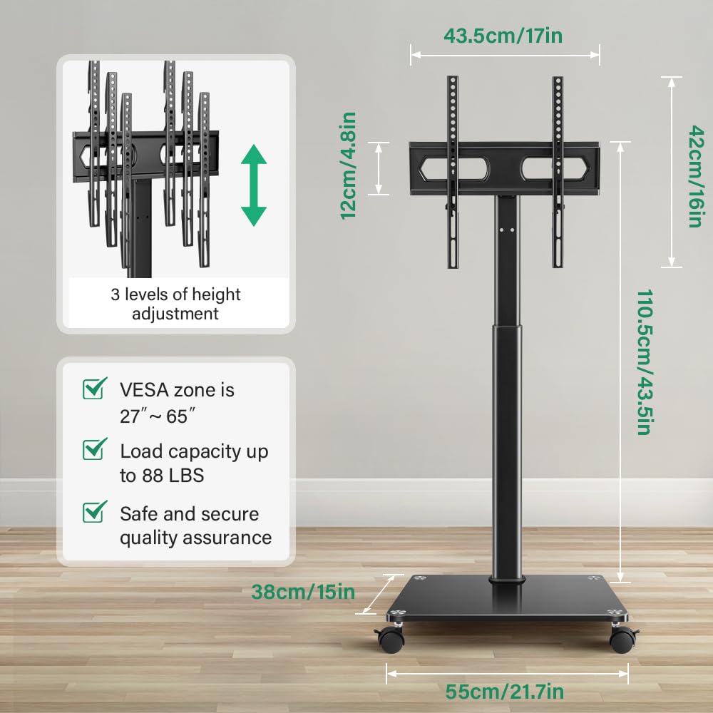 FURWOO Support TV à roulettes avec Support pivotant pour Salon, Salle de réunion, Chariot TV Portable pour téléviseurs de 27 à 65 Pouces, s'adapte aux Coins, intérieur