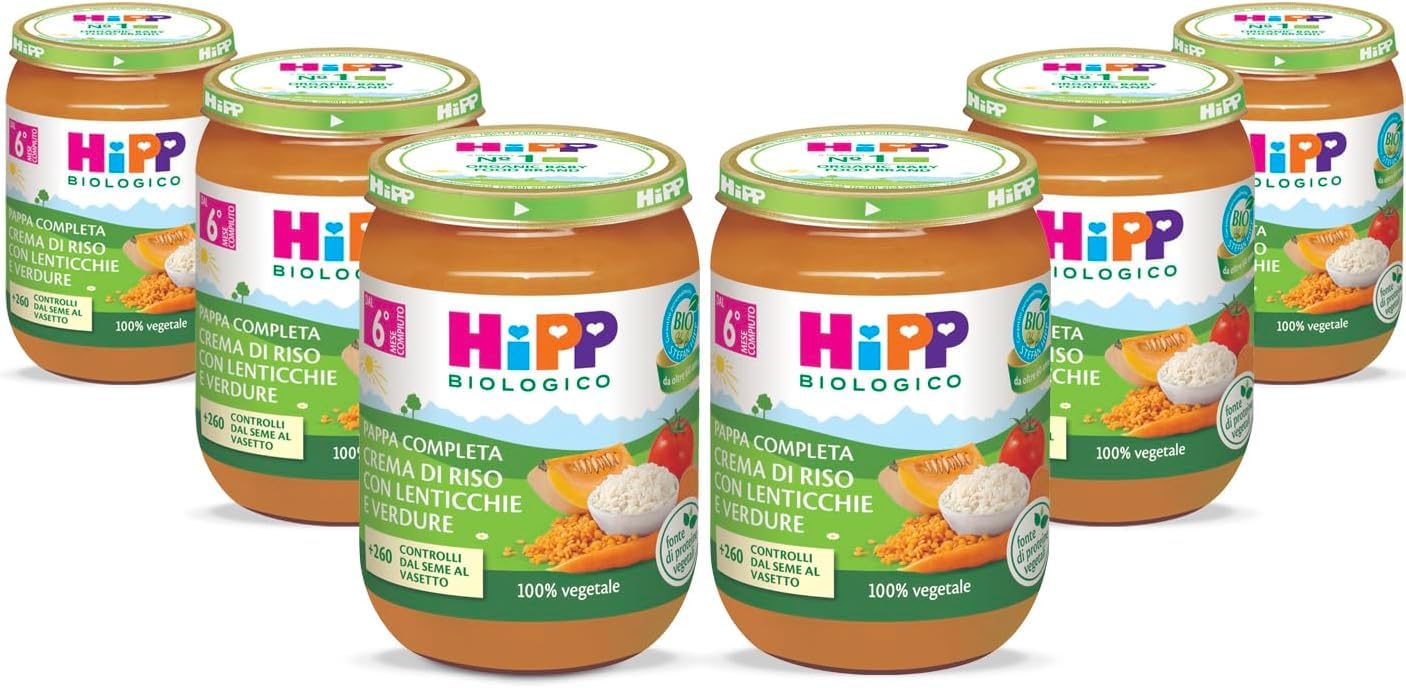 HiPP - Pappa Pronta Completa Bio, Crema di Riso con Lenticchie e Verdure, per Bambini, 100% Vegano, Senza Sale Aggiunto, 6 Vasetti da 190 gr