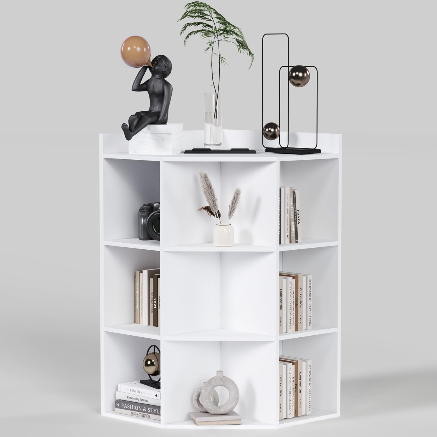 DMAITH Corner Cabinet Storage with USB Ports and Outlets, Corner Bookshelf with 9 Cubes for Small Space, Corner Cube Toy Storage for Playroom, Bedroom, Living Room