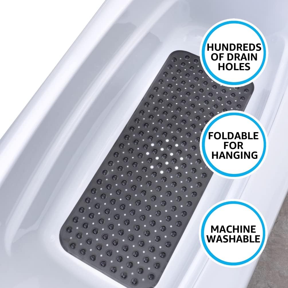 SlipX Solutions Power Grip Extra Long Bath Tub & Shower Mat 39x16, Wet Floor Non-Slip for Elderly & Kids Bathroom, 30% Longer Bathtub Mats, 200 Suction Cups, Drain Holes, Machine Wash, Trans Black