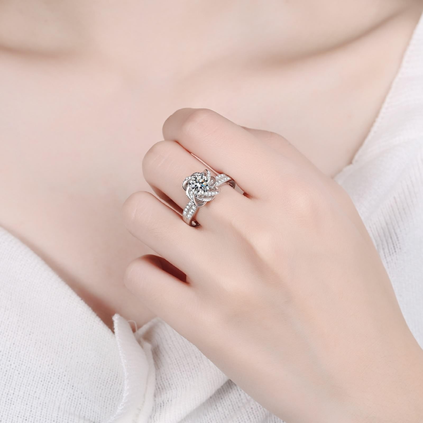 Pierścionek ze srebra próby 925, metalowy pierścionek Moissanite Flower Ring Prezent urodzinowy