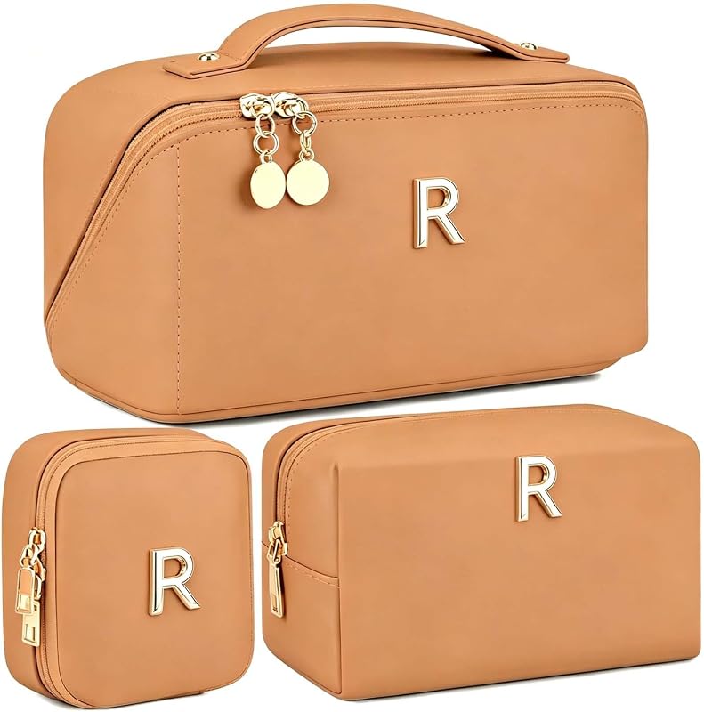 Necessaire de maquiagem YOPCDJ Khaki-R com iniciais personalizadas, divisória transparente e alça