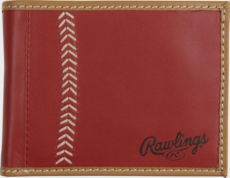 Rawlings "Pop Baseball Stitch Bi-Fold Leather Wallet - Premium Men's Sports Wallet (Red)2