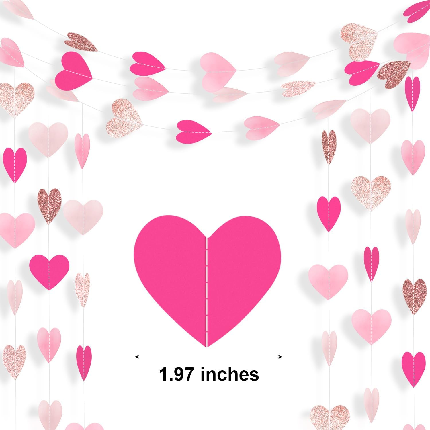 Hot-Pink Rose-Gold Heart Garland Girl Birthday Decorations Heart Paper Streamers Banner for Bachelorette Wedding Engagement Valentines Galentines Mothers Day Party Supplies 52 Feet
