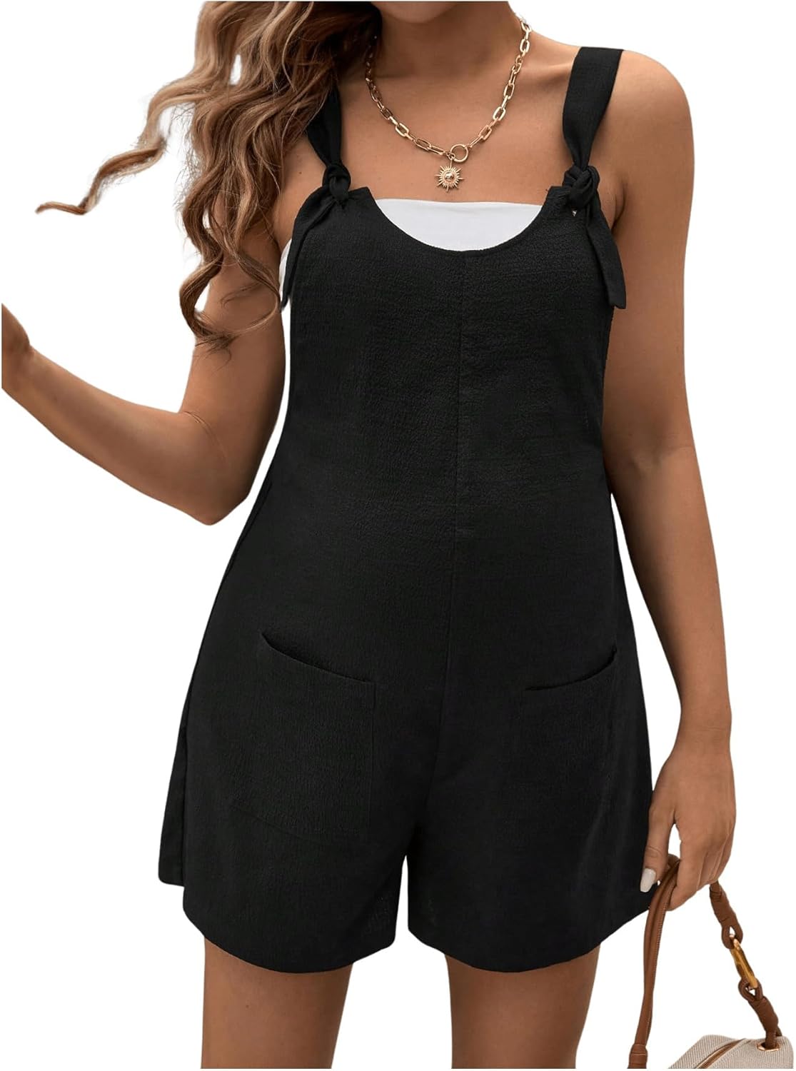 OYOANGLE Women's Maternity Tie Knot Wide Strap Suspender Overall Shorts Jumpsuit Sleeveless Romper with Pocket - Image 4