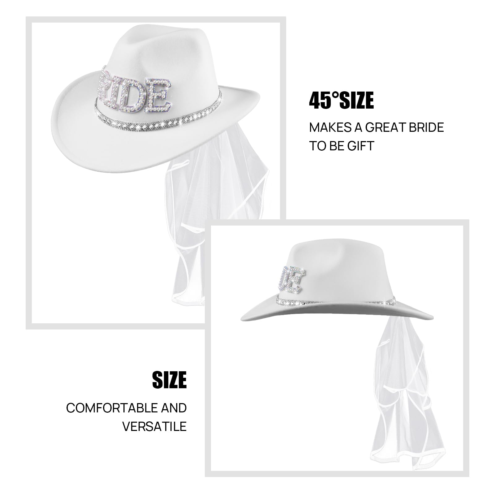MGupzao Cappello da cowboy e velo, decorazione per feste di addio al nubilato, cappello da cowgirl bianco, bomboniere, regalo per futura sposa, stile country western, bianco, M