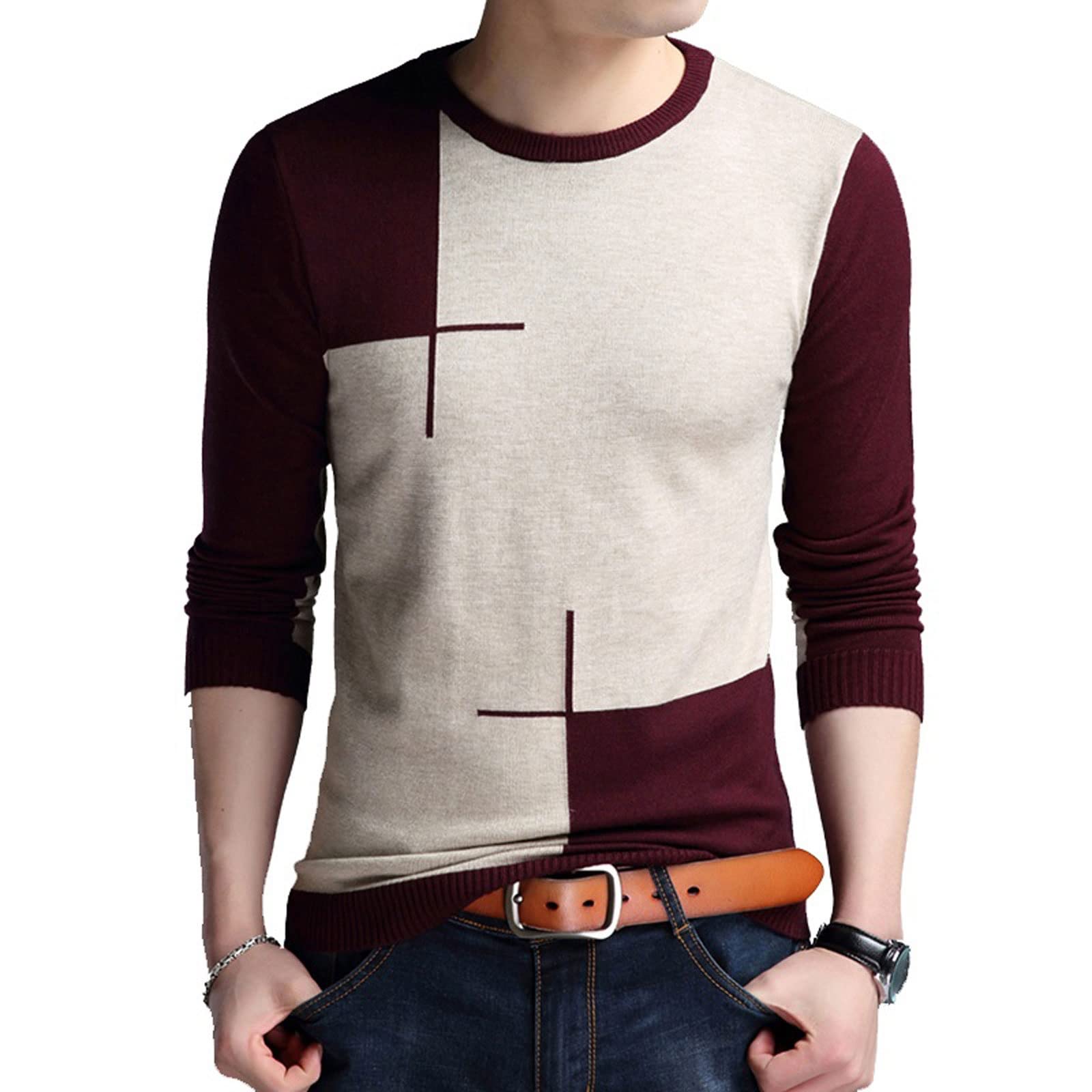 INGVY Sweater For Men Men Spring Autumn Men Long-sleeved Sweate O-neck Edited Knit Shirt Thin Slim Sweaters Men (Color : Dark blue, Size : XL)