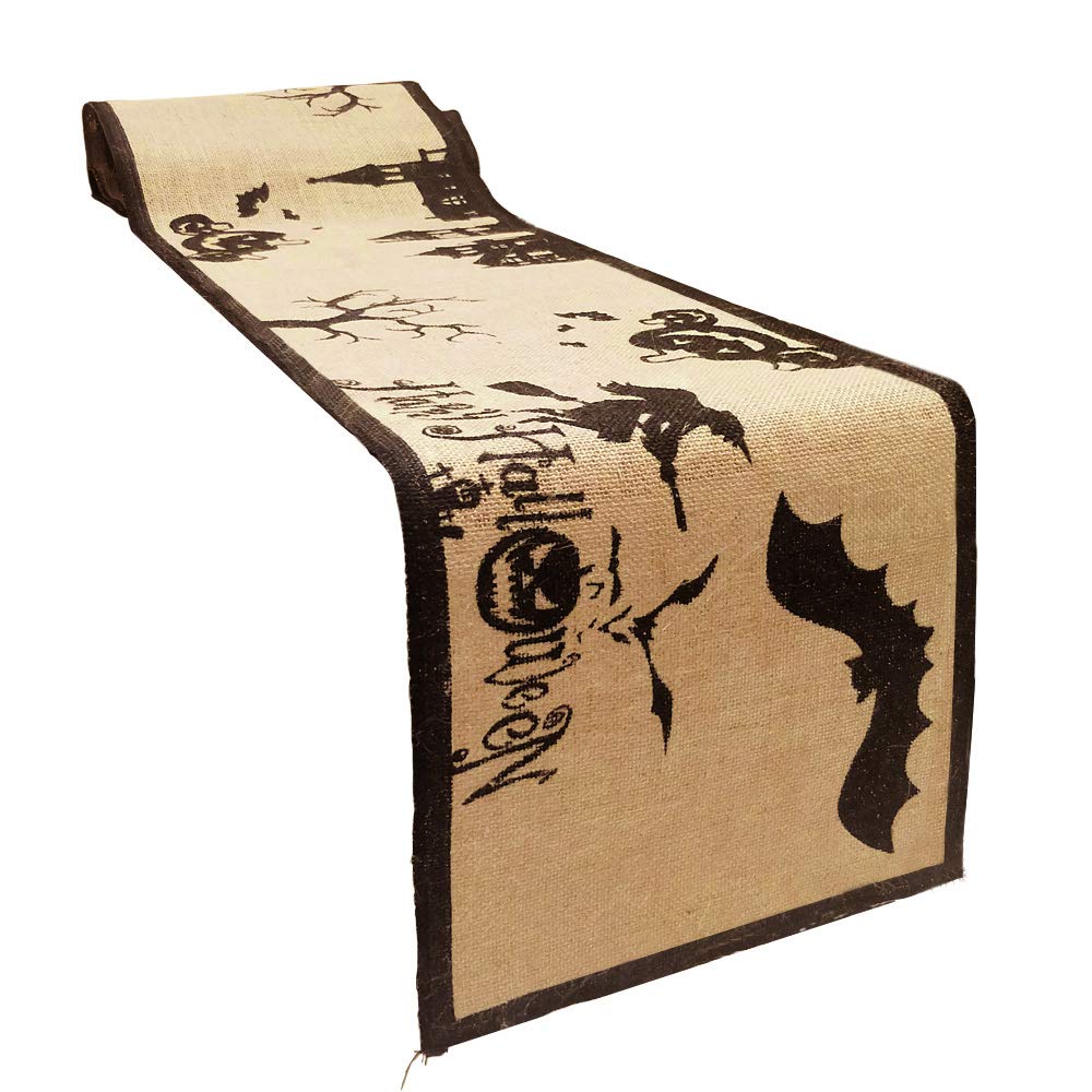 AmajoyHalloween Table Runner Burlap Haunted House Table Runner, Rustic Jute Table Cover for Home Scary Movie Nights Halloween Eve Dinner Party Decoration, 12 x 108inch