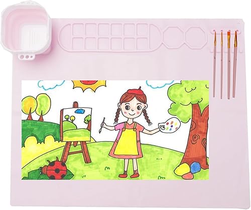 Tapete de pintura de silicona extra grande de 20 x 16 pulgadas, 16 divisores de color, taza de limpieza para arte, alfombrilla de pintura para