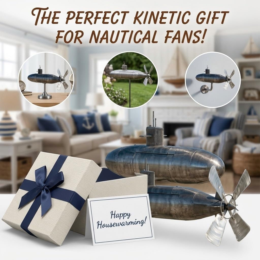 Submarine 3D Wind Spinner - Metal Art Garden Windmill with Rotating Propeller & Layered Sculpture, Navy Yard Decor & Nautical Outdoor Ornament for Patio, Lawn, Weather Resistant Gift