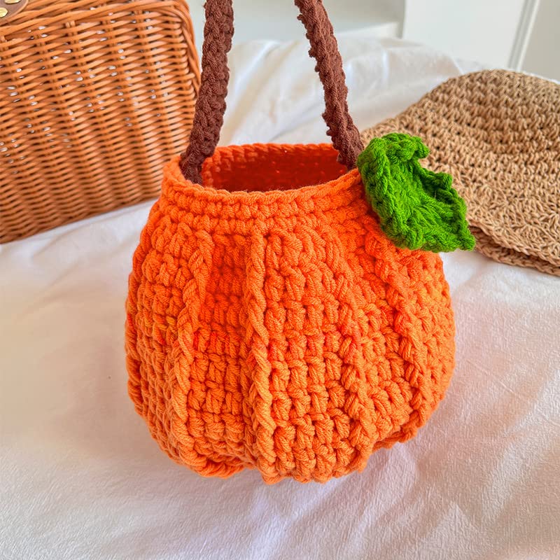 Crochet Pumpkins Bag, Orange Pumpkin Basket, Halloween Pumpkin Bags, Halloween Candy Bags, Plush Trick or Treat Bucket, Knit Pumpkins for Kids Child Play Trick or Treat Snack Basket Bag3