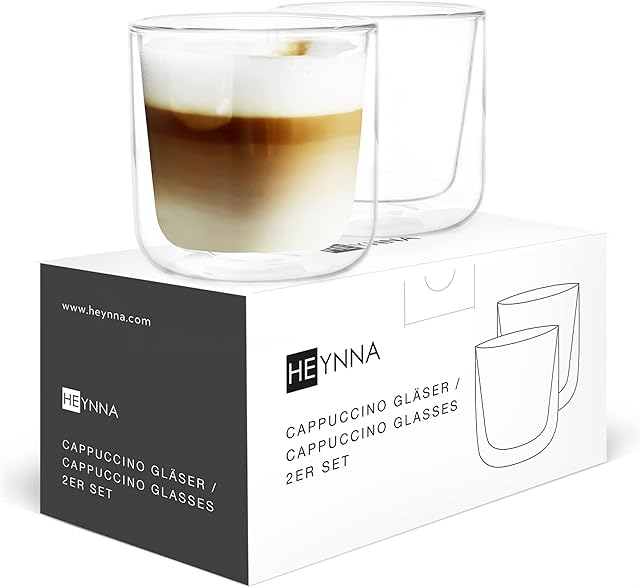 HEYNNA® Szklanki do cappuccino o grubych ściankach ze szkła borokrzemowego, nadają się do mycia w zmywarce - podwójne ścianki szklanki do kawy na gorące napoje - 2 x 200 ml