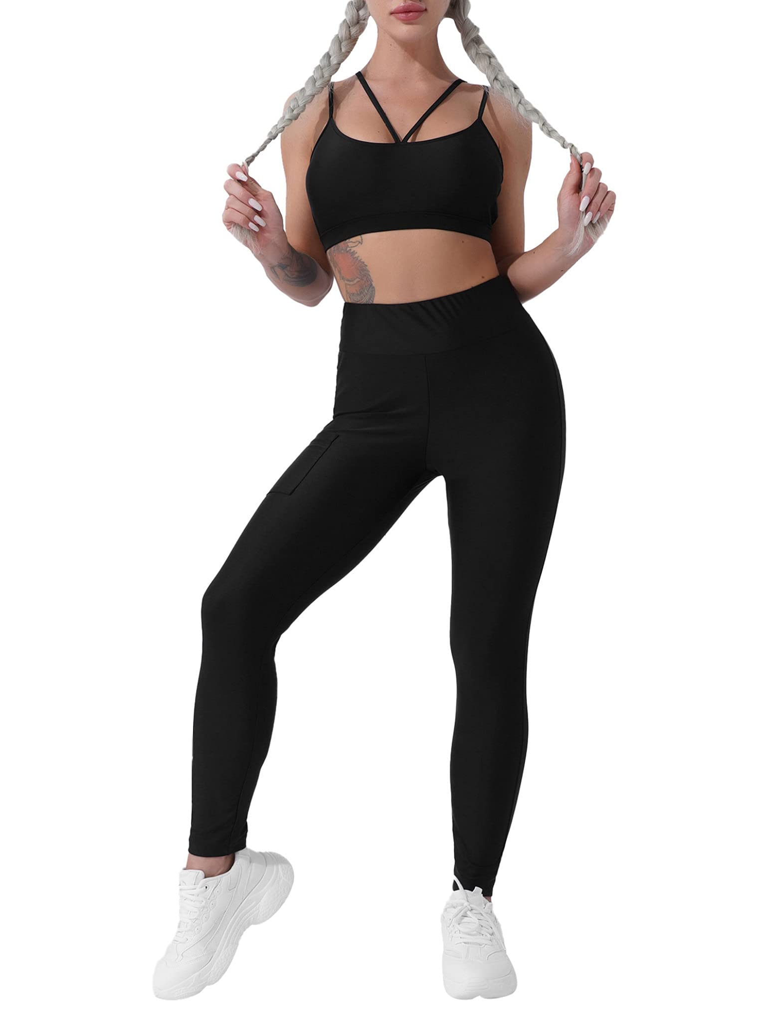 Yartina Women 2 Piece Fitness Sportwear Outfit Solid Racer Back Crop Top with Pants Yoga Athletic Activewear