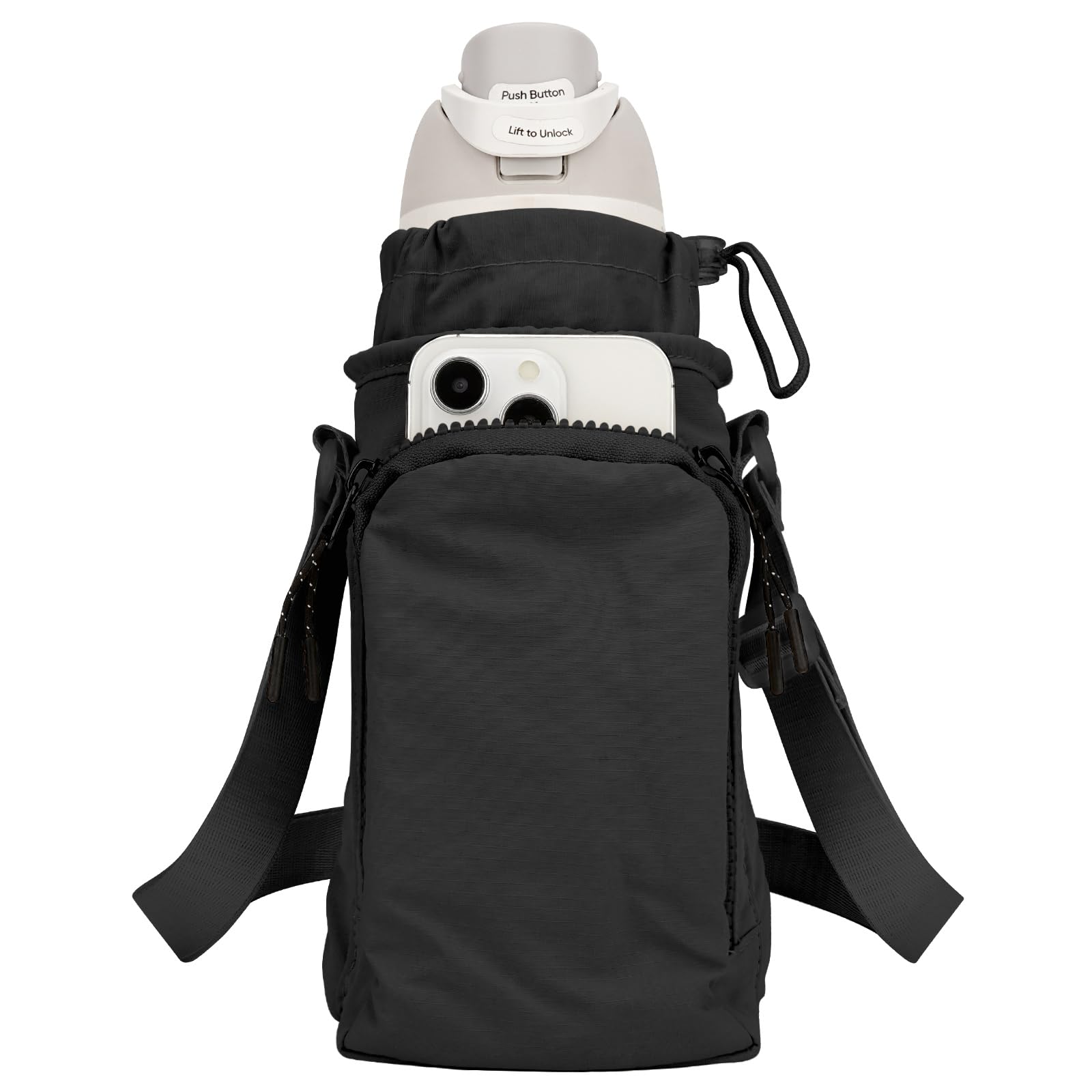 Linkidea Water Bottle Carrier with Strap Compatible with Owala FreeSip 24oz/32oz, Iron Flask Wide Mouth 32oz, Bottle Shoulder Strap Bag Holder with Phone Pocket (Black)