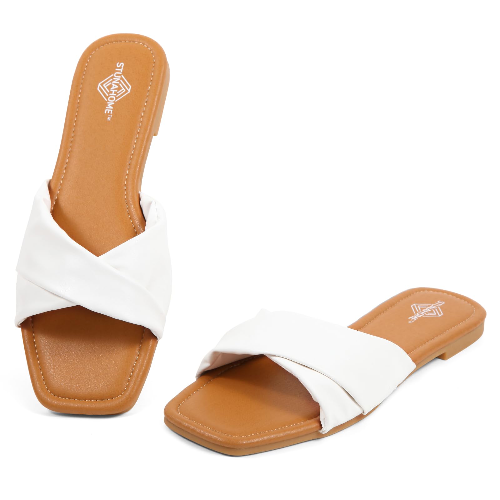 STUNAHOMEWomens Flat Sandals Fashion Soft Leather Crossover Square Open Toe Slip On Slides Casual Beach Sandals Slippers for Summer
