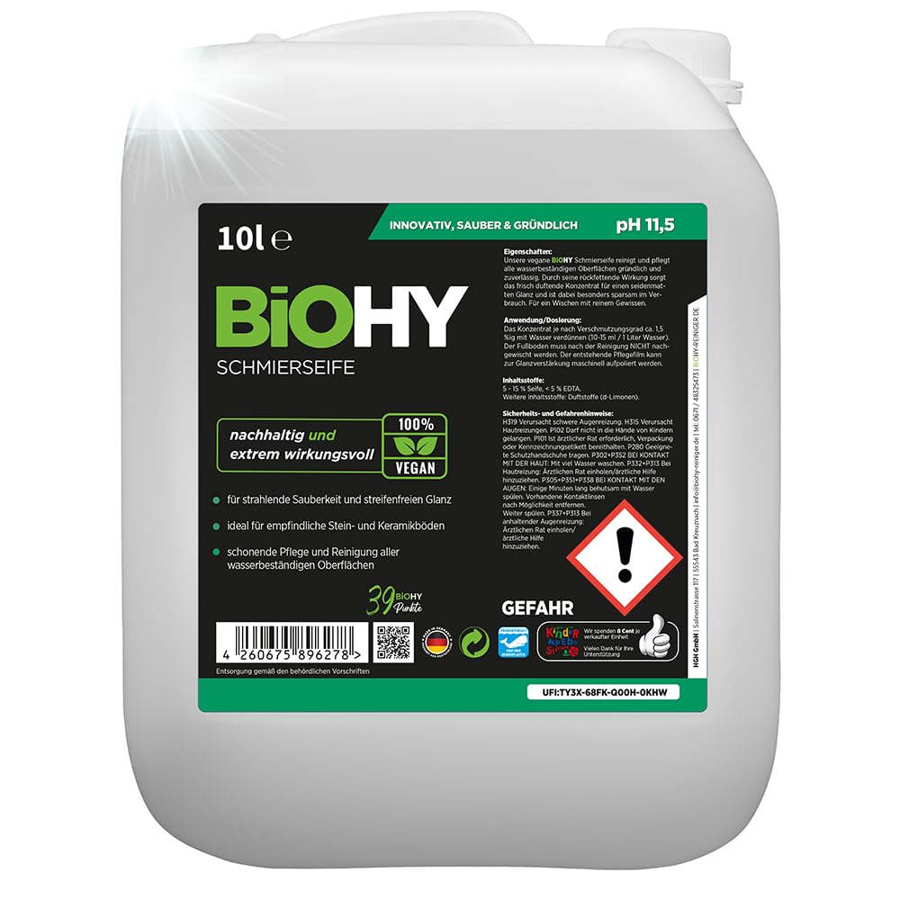 BiOHY Schmierseife (10 Liter Kanister) | Bodenreiniger Konzentrat – Wischpflege für Holz, Parkett & Fliesen | Rückfettend, extra stark & ergiebig | Flüssiger Bio-Fußbodenreiniger
