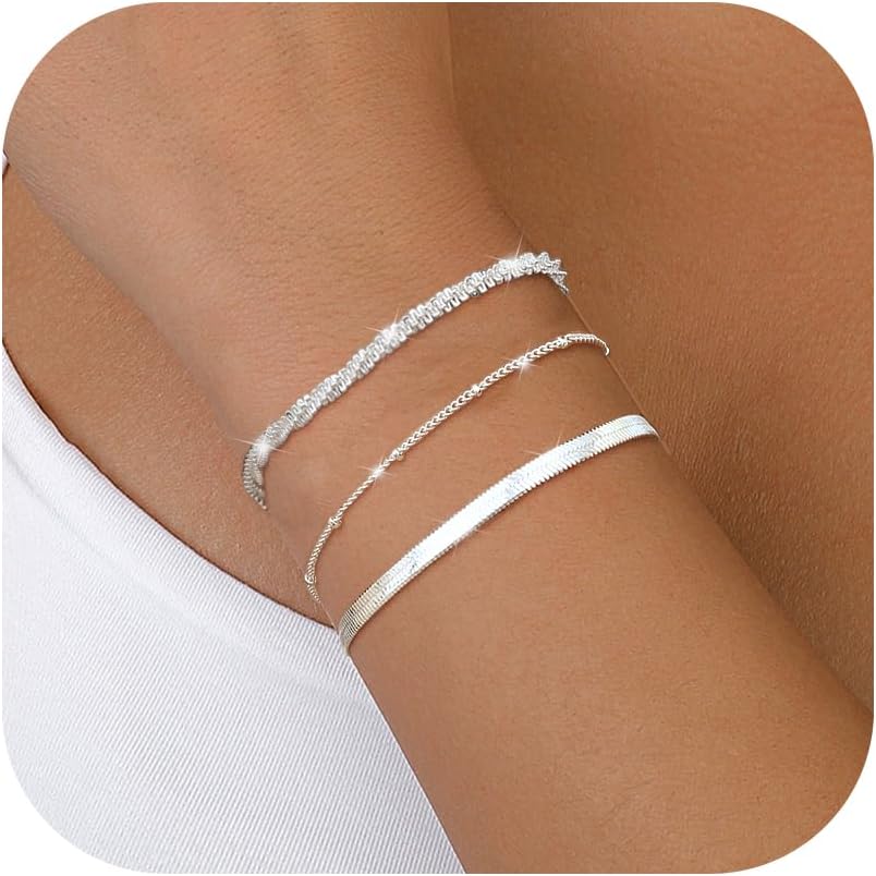 3 Pcs Silver/Rosegold/Gold Bracelets for Women Sterling Silver Bracelet Set Layered Dainty Link Chain Bracelet Adjustable Stackable Bead Ladies Silver Jewelry for Women