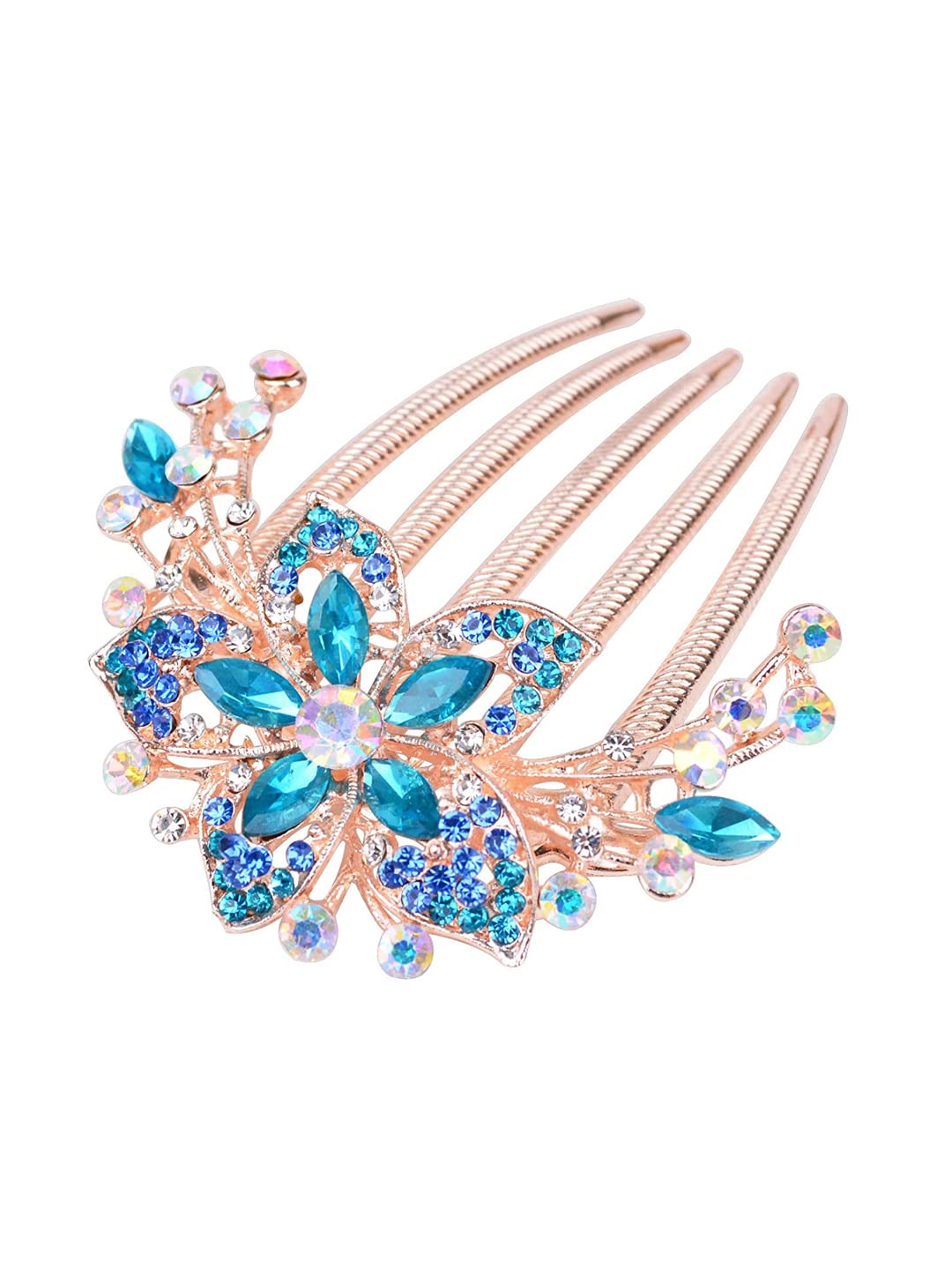 Yellow Floral Comb Clips - Blue Crystal Hair Pin - Women's Bridal Accessories for Wedding
