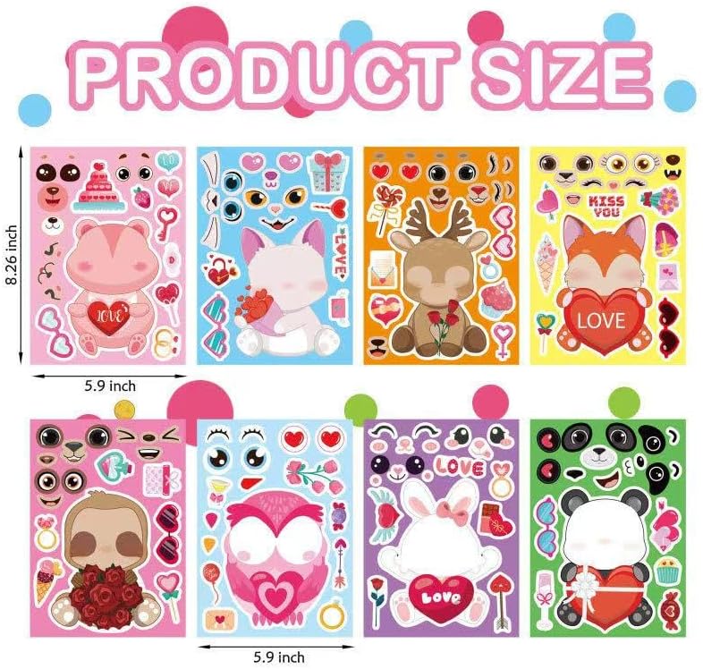 24 Sheets Valentine Stickers for Kids, Valentine's Day Make a Face Stickers, Make Your Own Stickers Animal Stickers for Boys Girls