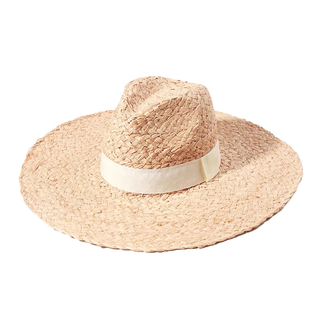 EYRMQWJPC Wide Brim Sun Hat, Women Summer Wide Brim Fedora Straw Sun Hat Beach Vacation Multicolor(Beige)