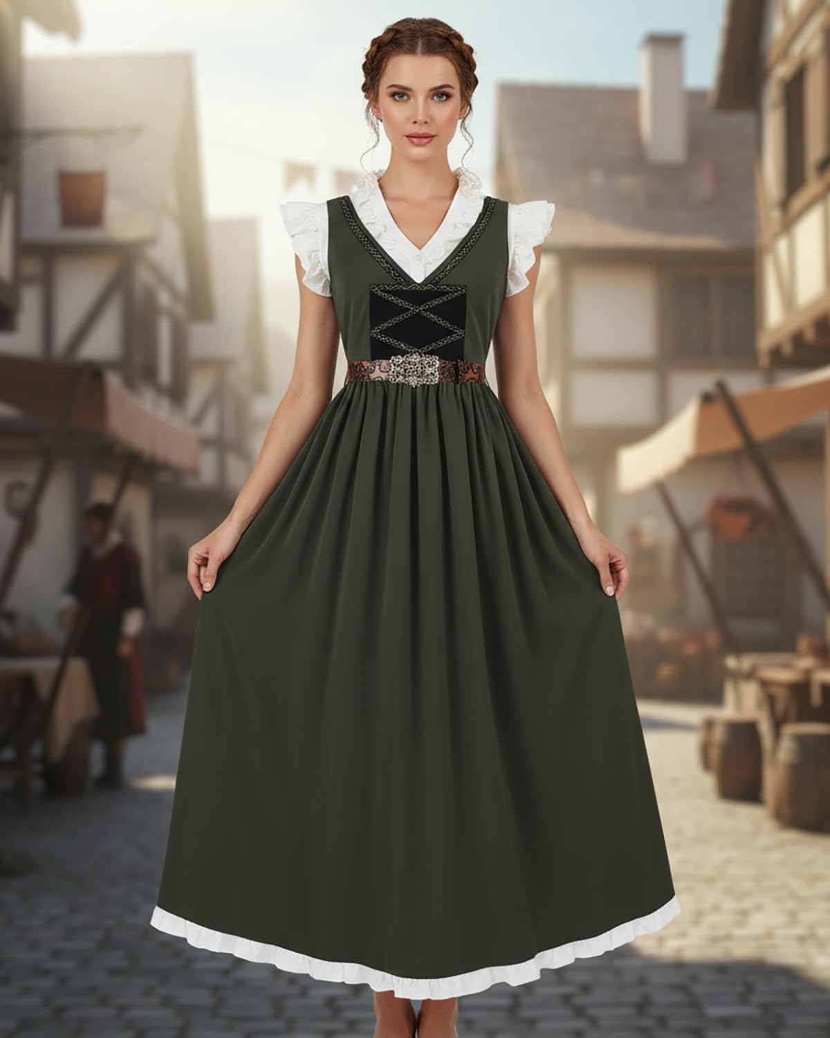 LTAKK Renaissance Dress Women Medieval Costume Vintage Sleeveless V-Neck Dresses with Belt - Image 3