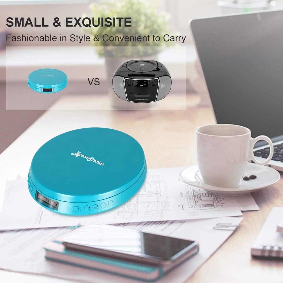 ByronStatics Portable CD Player, Personal Compact Disc Player with Anti-Skip/Anti-Shock, Headphone Jack & LCD Display for Car Use Home Travel, not Rechargeable, Use AA Batteries Teal