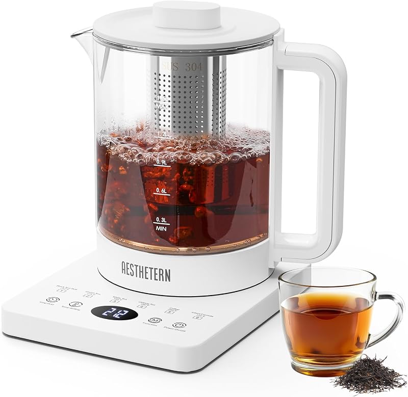 Hervidor de té eléctrico con infusor, hervidor de agua de vidrio de 1,5 l con control de temperatura, mantenimiento caliente las 24 horas y apagado automático, blanco