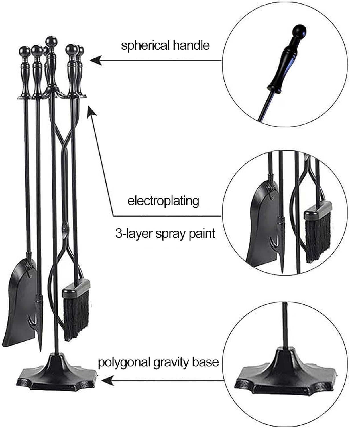 Gtzly 5 Pcs Fireplace Tools Sets Black Wrought Iron Fire Tool Set and Holder Outdoor Fireplace Fire Pit Stand, Ergonomic Ball Handles