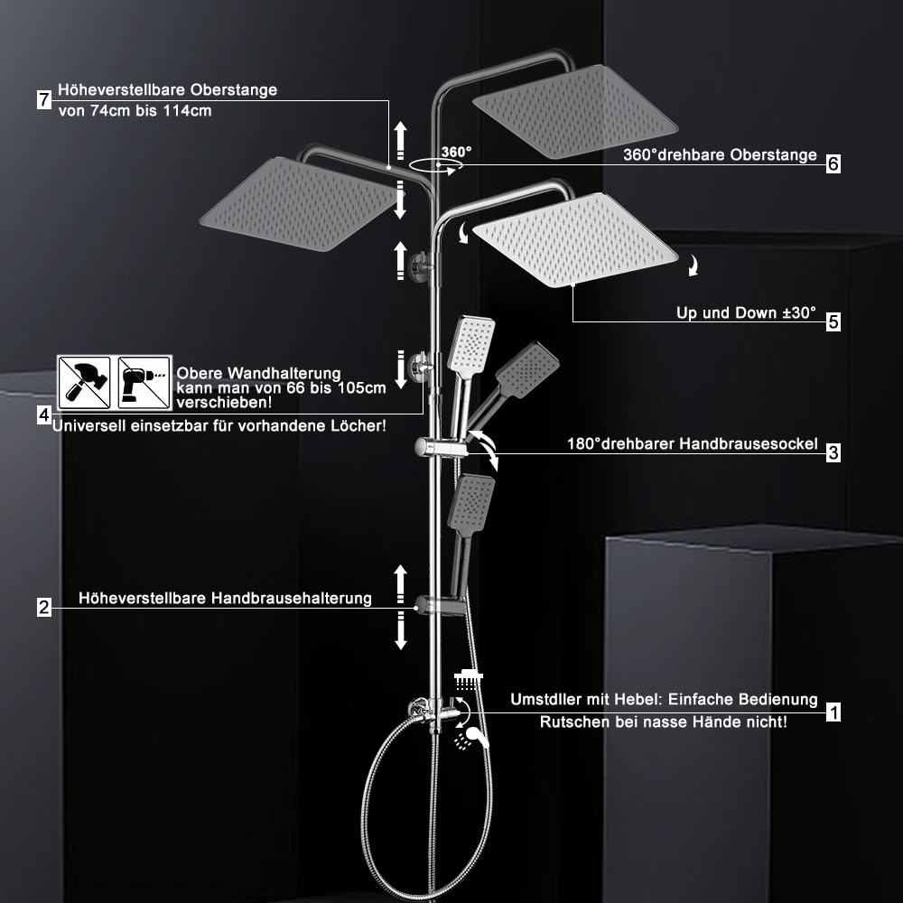 Görbach Colonna Doccia senza Miscelatore, Colonna Doccia Acciaio Inox con Saliscendi Doccia Altezza Regolabile 74-114cm, Set Doccia a Pioggia con Doccetta e Mensola, Soffione 30x30cm, Cromo