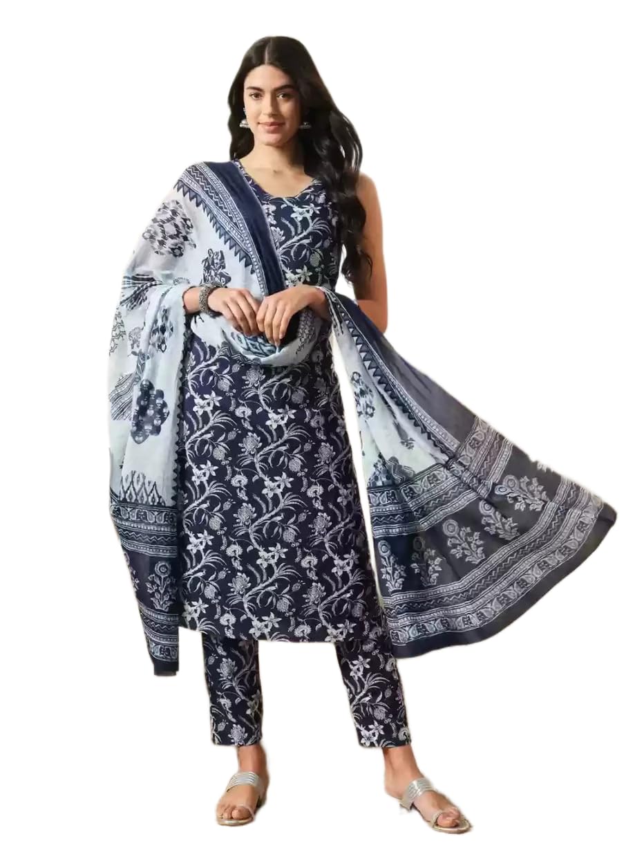 Women Sleeveless Floral Print Cotton Kurta/Kurti pant Set with Dupatta-picture-33
