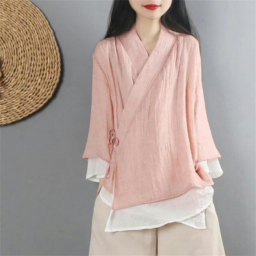 Women Cotton Linen Solid Vintage Tang Suit V-Neck Loose Spring Blouse Thin Hanfu Chinese Style Ethnic Harajuku Tops Clothes