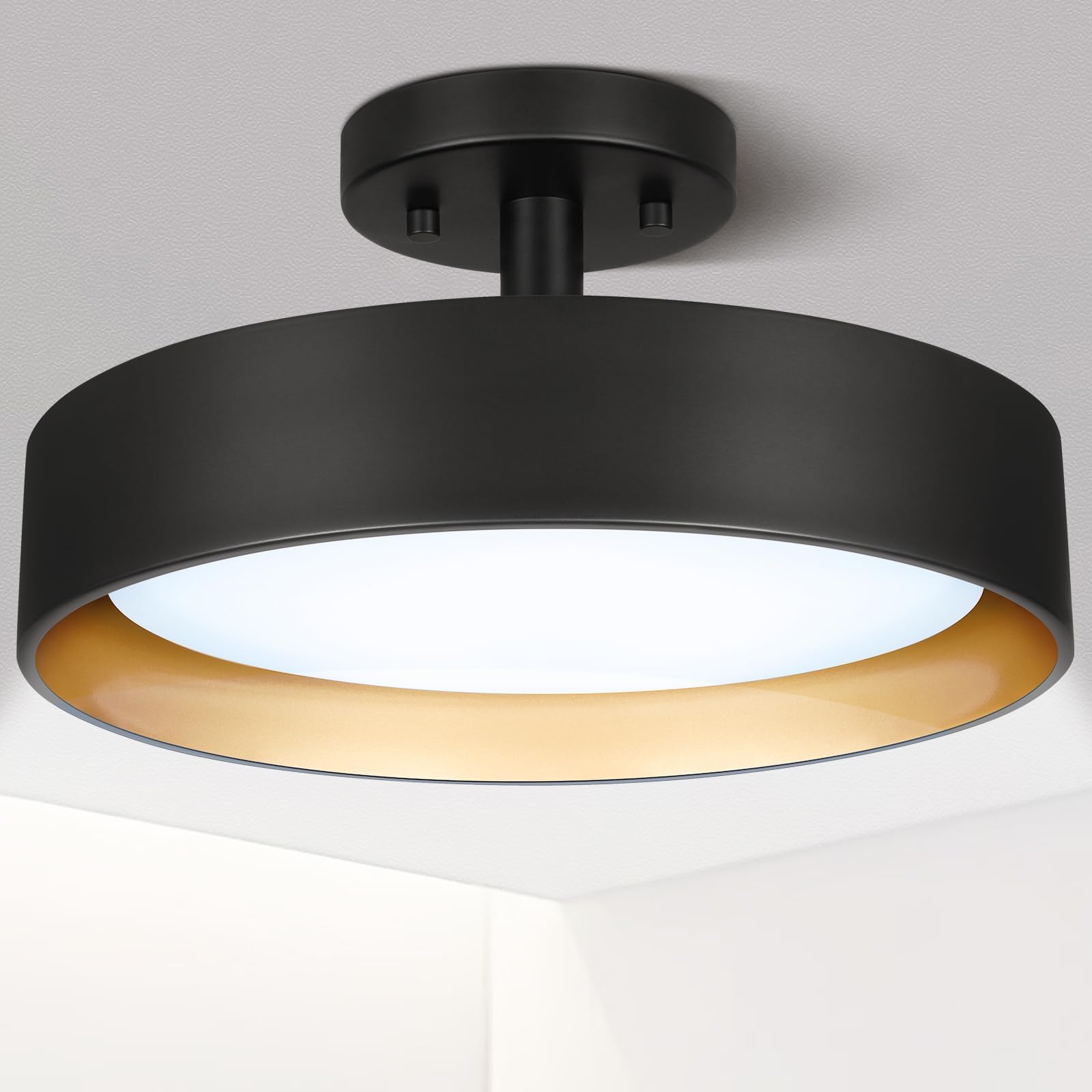 SunRider Industrial Semi Flush Mount LED Ceiling Light Fixture, 12 Inch 25W 2000LM Black Metal Bedroom Lamp, Golden Inside, 6000K Cool White, Dimmable